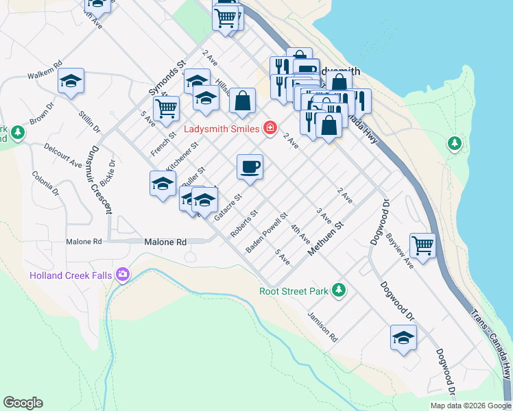 map of restaurants, bars, coffee shops, grocery stores, and more near 412 Roberts Street in Ladysmith