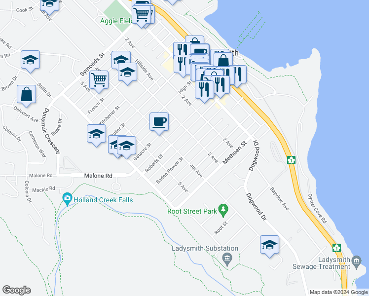 map of restaurants, bars, coffee shops, grocery stores, and more near 326 Baden Powell Street in Ladysmith