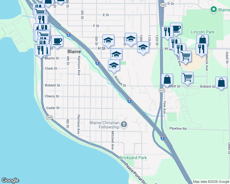 map of restaurants, bars, coffee shops, grocery stores, and more near 1052 Mitchell Avenue in Blaine