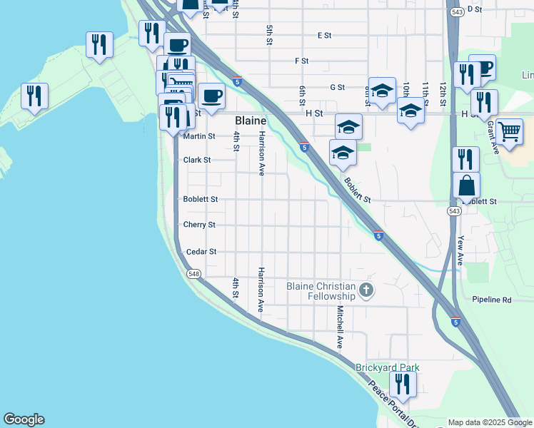 map of restaurants, bars, coffee shops, grocery stores, and more near 1056 Harrison Avenue in Blaine