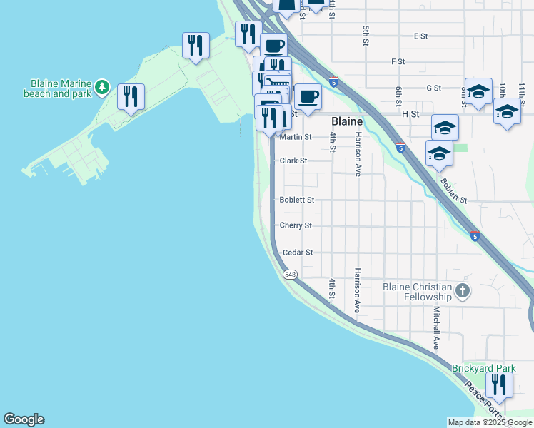 map of restaurants, bars, coffee shops, grocery stores, and more near 1091 Peace Portal Drive in Blaine