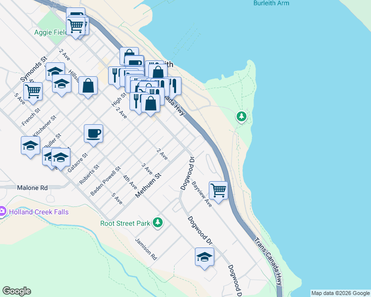 map of restaurants, bars, coffee shops, grocery stores, and more near 32 Methuen Street in Ladysmith