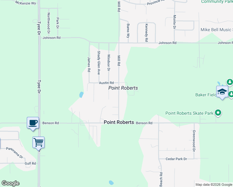 map of restaurants, bars, coffee shops, grocery stores, and more near 307 Mill Road in Point Roberts