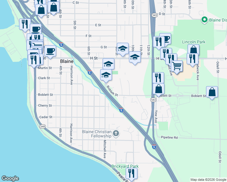 map of restaurants, bars, coffee shops, grocery stores, and more near 820 Boblett Street in Blaine