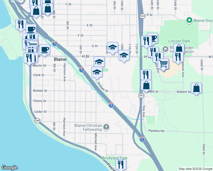 map of restaurants, bars, coffee shops, grocery stores, and more near 820 Boblett Street in Blaine