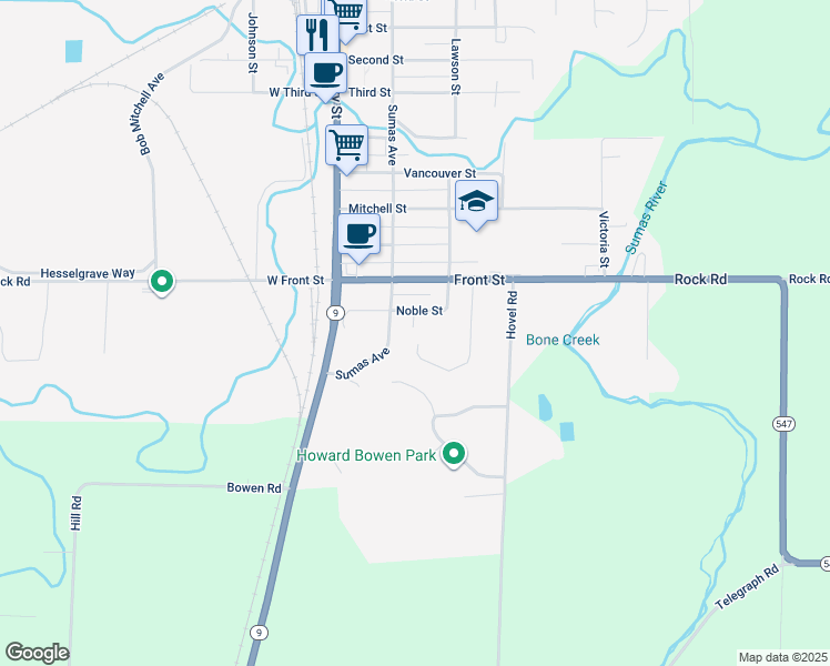 map of restaurants, bars, coffee shops, grocery stores, and more near 217 Noble Street in Sumas