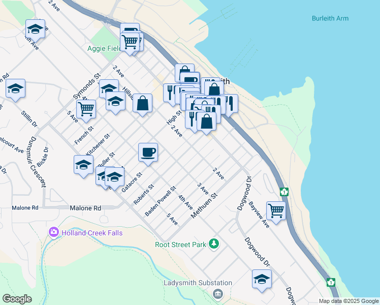 map of restaurants, bars, coffee shops, grocery stores, and more near 207 Roberts Street in Ladysmith