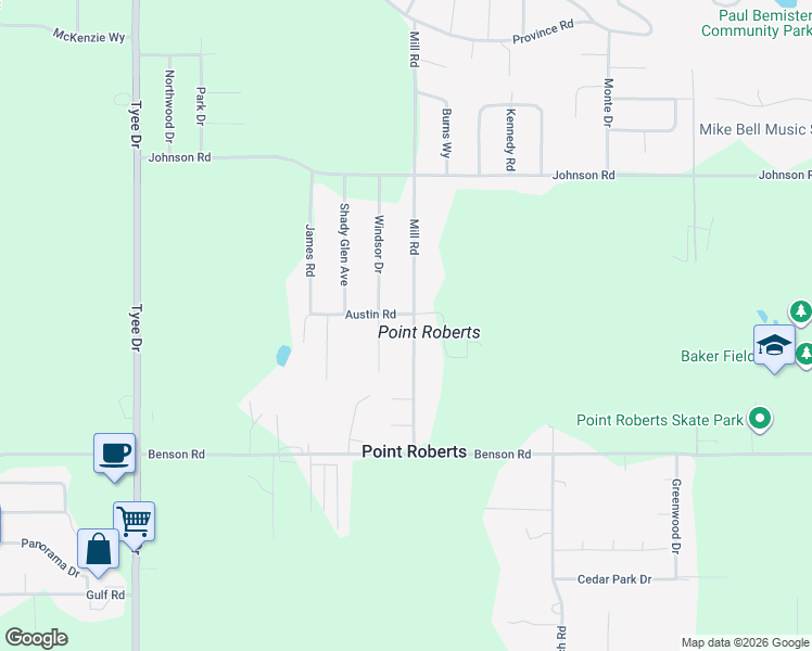 map of restaurants, bars, coffee shops, grocery stores, and more near 307 Mill Rd in Point Roberts