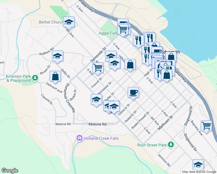 map of restaurants, bars, coffee shops, grocery stores, and more near 433 Kitchener Street in Ladysmith