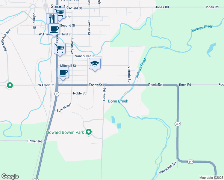 map of restaurants, bars, coffee shops, grocery stores, and more near 424 Front Street in Sumas