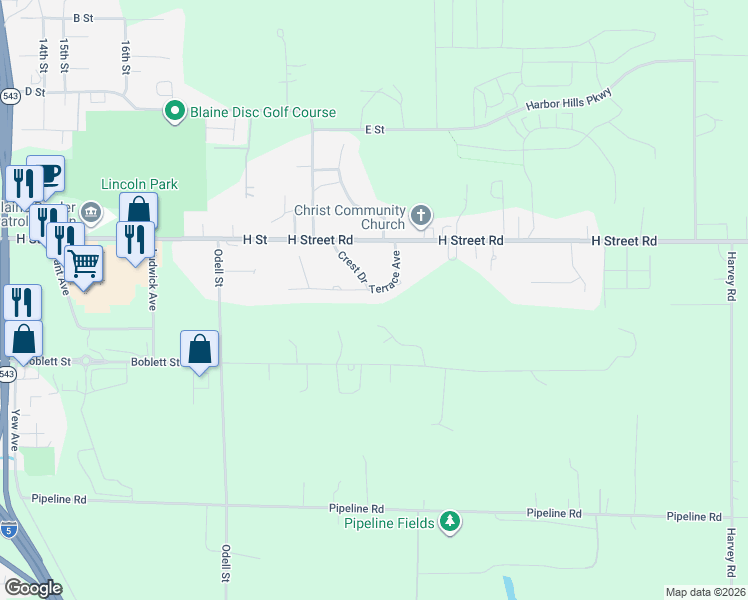 map of restaurants, bars, coffee shops, grocery stores, and more near 9674 Crest Drive in Blaine