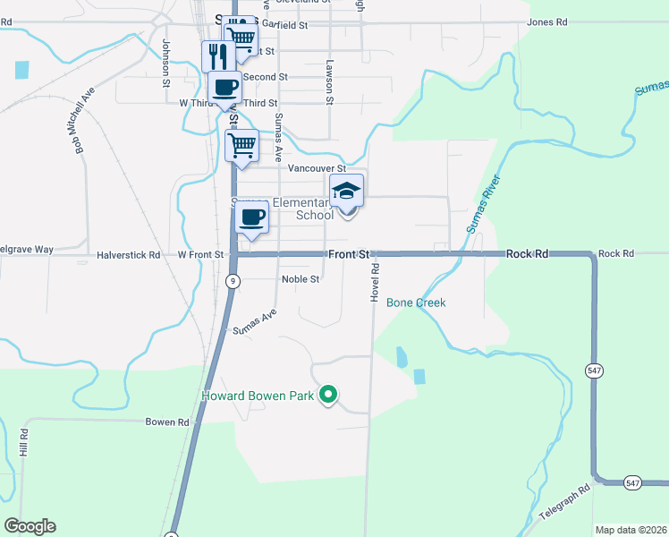 map of restaurants, bars, coffee shops, grocery stores, and more near 244 Front Street in Sumas