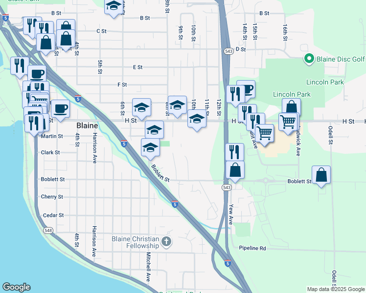 map of restaurants, bars, coffee shops, grocery stores, and more near 975 H Street in Blaine