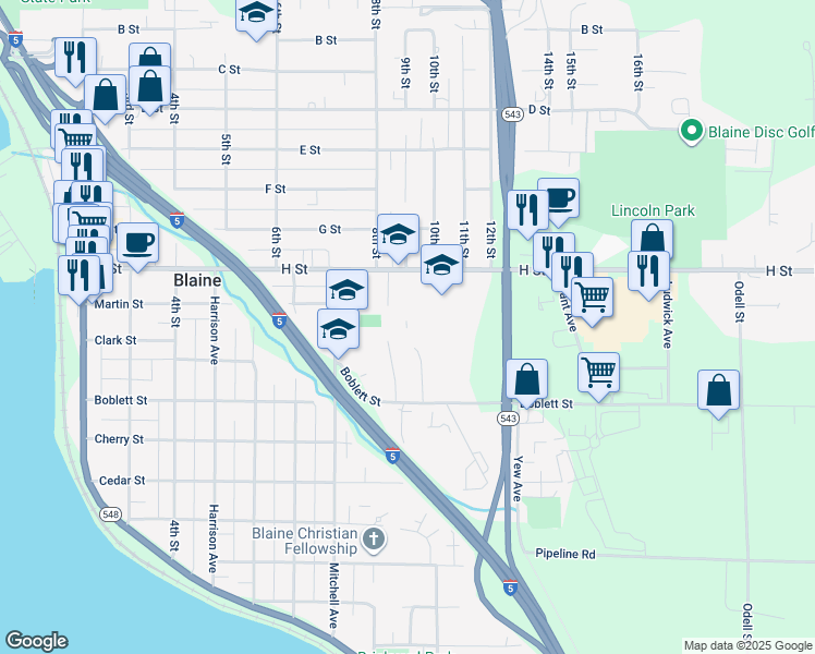 map of restaurants, bars, coffee shops, grocery stores, and more near 975 H Street in Blaine
