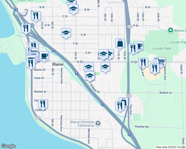 map of restaurants, bars, coffee shops, grocery stores, and more near 836 Mitchell Avenue in Blaine