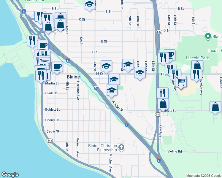 map of restaurants, bars, coffee shops, grocery stores, and more near 836 Mitchell Avenue in Blaine