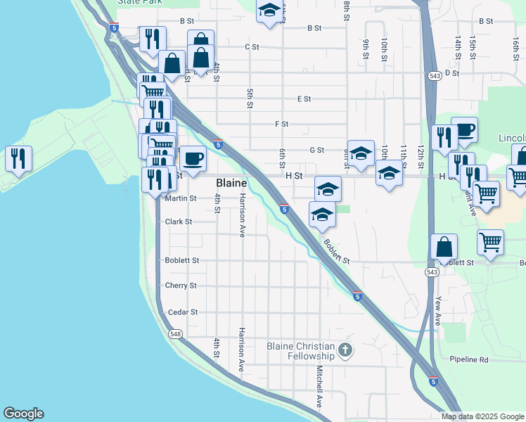 map of restaurants, bars, coffee shops, grocery stores, and more near 835 Blaine Avenue in Blaine
