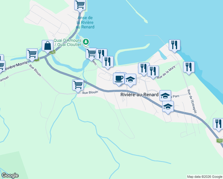 map of restaurants, bars, coffee shops, grocery stores, and more near 69 Boulevard Renard Est in Gaspé