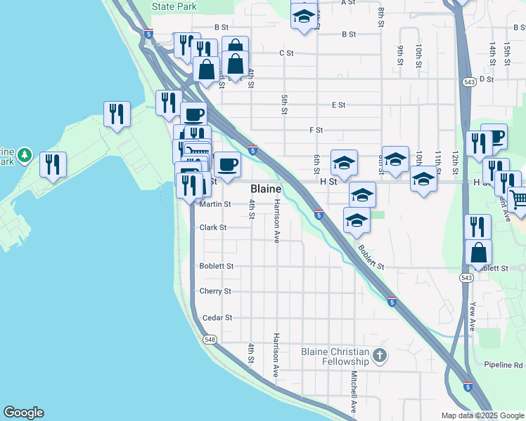 map of restaurants, bars, coffee shops, grocery stores, and more near 383 Martin Street in Blaine