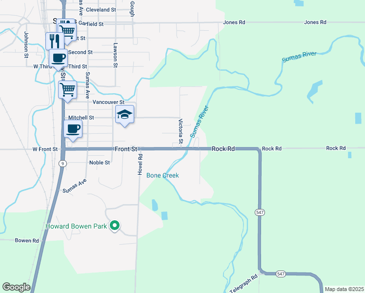 map of restaurants, bars, coffee shops, grocery stores, and more near 910 Front Street in Sumas