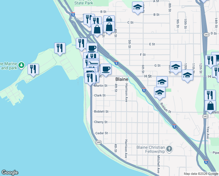 map of restaurants, bars, coffee shops, grocery stores, and more near 315 Martin Street in Blaine