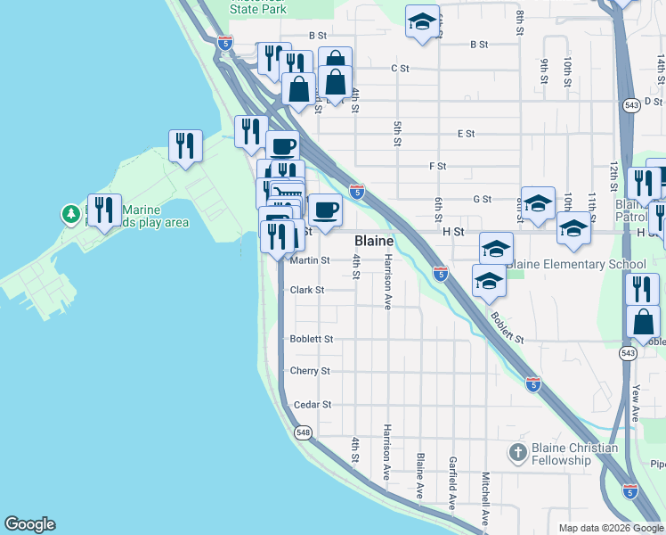 map of restaurants, bars, coffee shops, grocery stores, and more near 315 Martin Street in Blaine