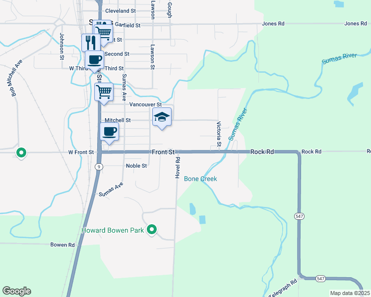 map of restaurants, bars, coffee shops, grocery stores, and more near 424 Front Street in Sumas