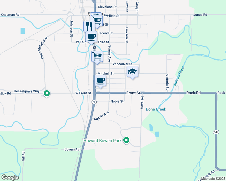 map of restaurants, bars, coffee shops, grocery stores, and more near 208 Front Street in Sumas