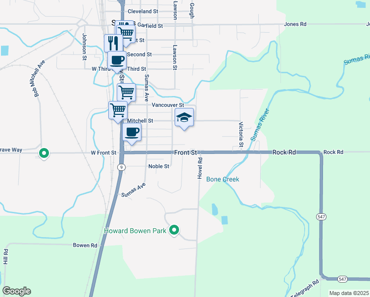 map of restaurants, bars, coffee shops, grocery stores, and more near 316 Front Street in Sumas