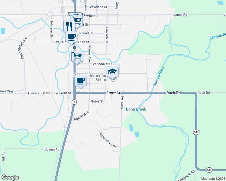 map of restaurants, bars, coffee shops, grocery stores, and more near 346 Front Street in Sumas