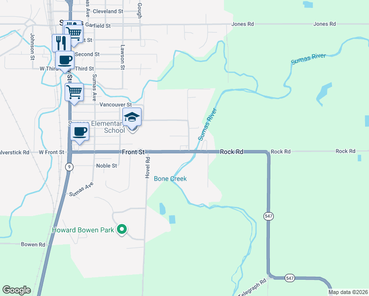 map of restaurants, bars, coffee shops, grocery stores, and more near 910 Front Street in Sumas