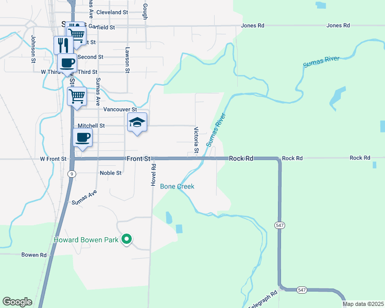 map of restaurants, bars, coffee shops, grocery stores, and more near 910 Front Street in Sumas