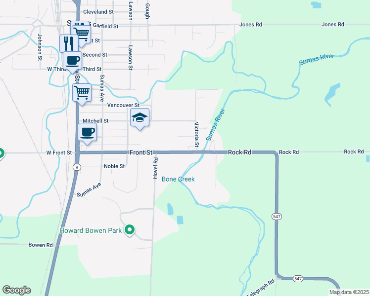 map of restaurants, bars, coffee shops, grocery stores, and more near 530 Front Street in Sumas