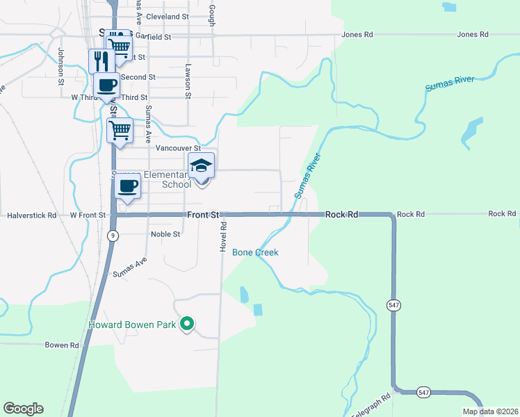 map of restaurants, bars, coffee shops, grocery stores, and more near 530 Front Street in Sumas