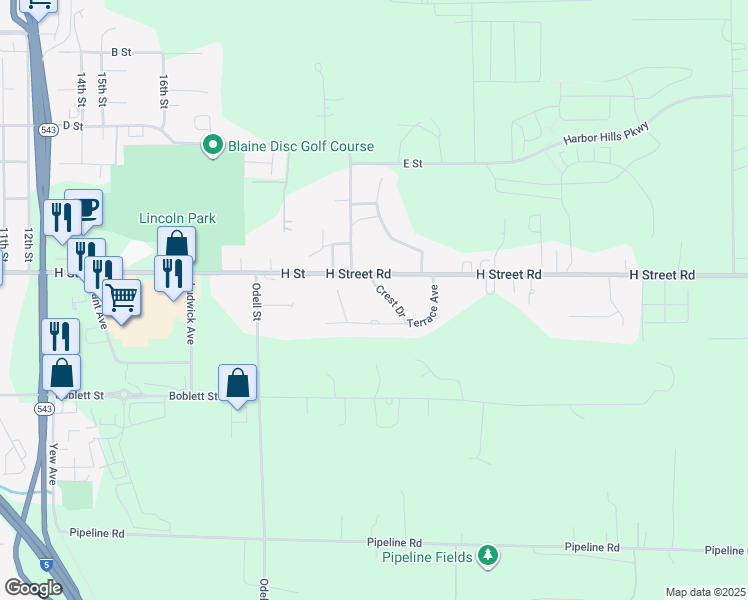 map of restaurants, bars, coffee shops, grocery stores, and more near 9681 Crest Drive in Blaine