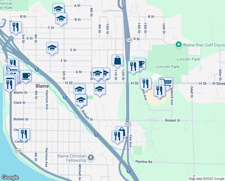 map of restaurants, bars, coffee shops, grocery stores, and more near 1055 H Street in Blaine
