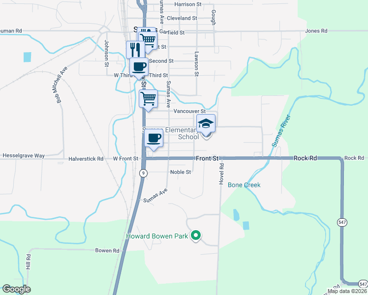 map of restaurants, bars, coffee shops, grocery stores, and more near 227 Morton Street in Sumas