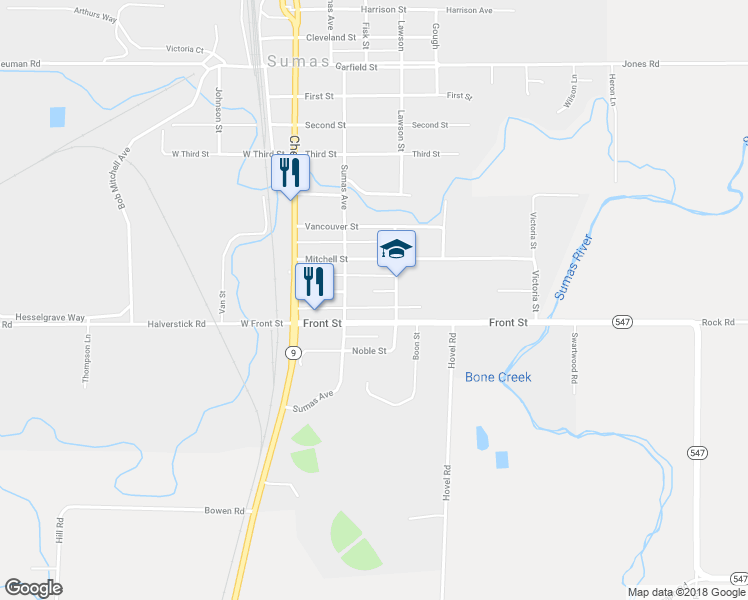 map of restaurants, bars, coffee shops, grocery stores, and more near 216 Front Street in Sumas