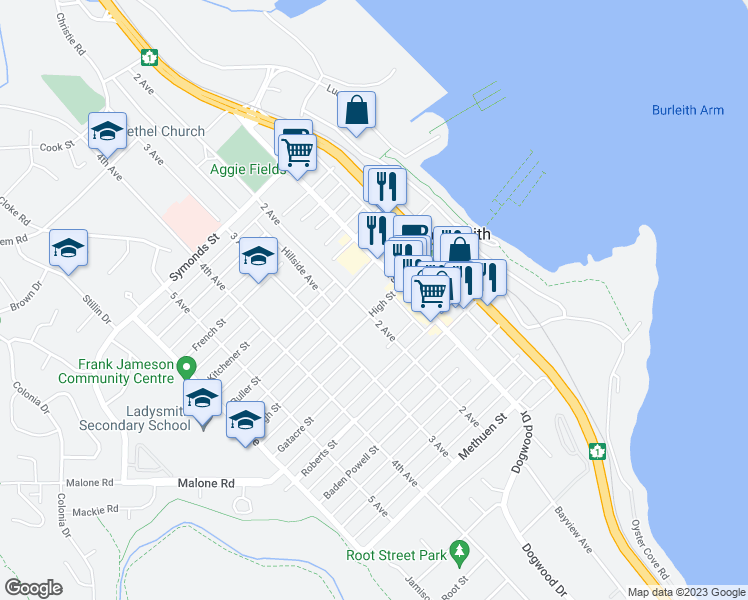 map of restaurants, bars, coffee shops, grocery stores, and more near 126 High Street in Ladysmith