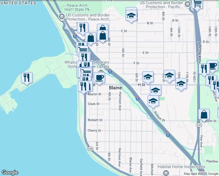 map of restaurants, bars, coffee shops, grocery stores, and more near 383 Martin Street in Blaine