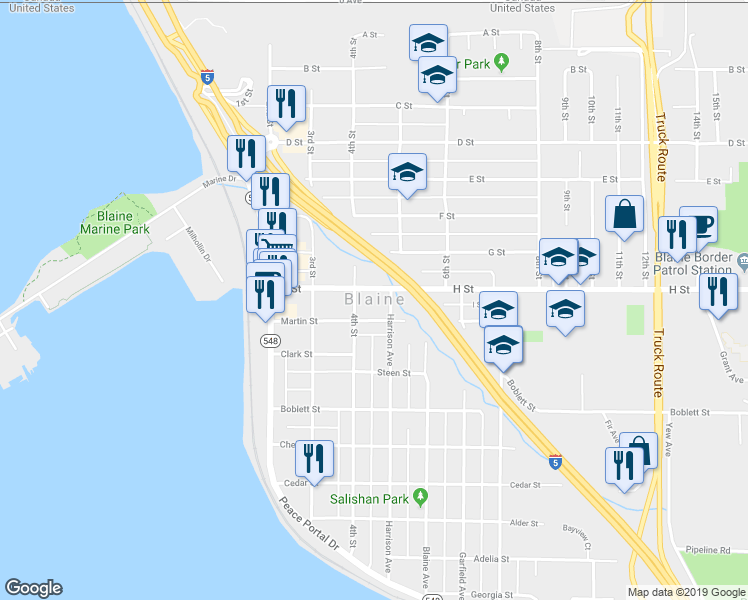 map of restaurants, bars, coffee shops, grocery stores, and more near 310 Cherry Street in Blaine