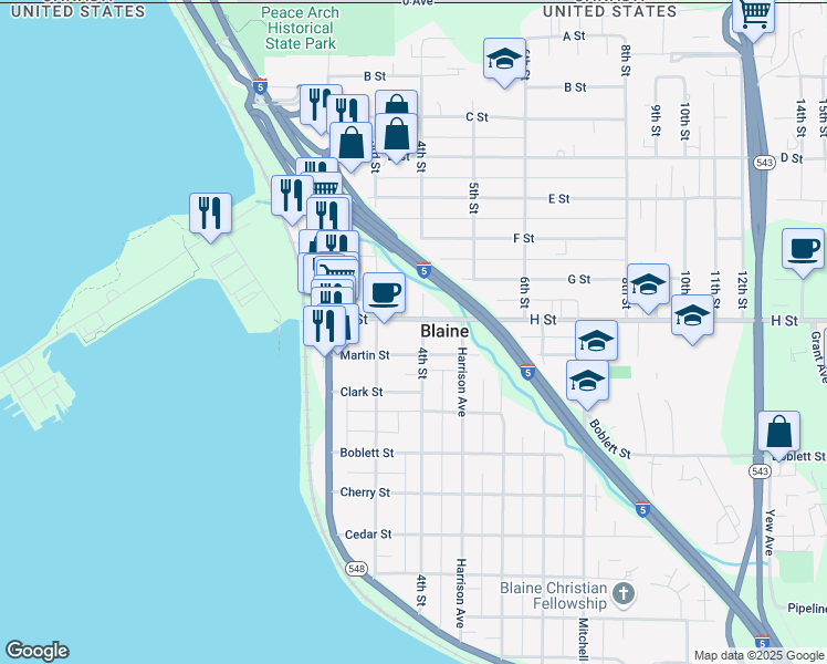map of restaurants, bars, coffee shops, grocery stores, and more near 383 Martin Street in Blaine