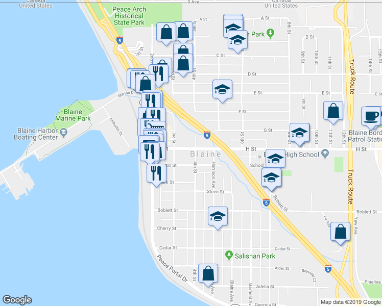 map of restaurants, bars, coffee shops, grocery stores, and more near 400 H Street in Blaine