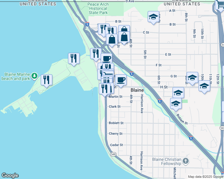 map of restaurants, bars, coffee shops, grocery stores, and more near 658 Peace Portal Drive in Blaine