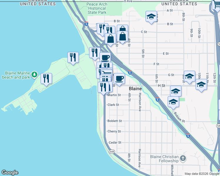 map of restaurants, bars, coffee shops, grocery stores, and more near 658 Peace Portal Drive in Blaine