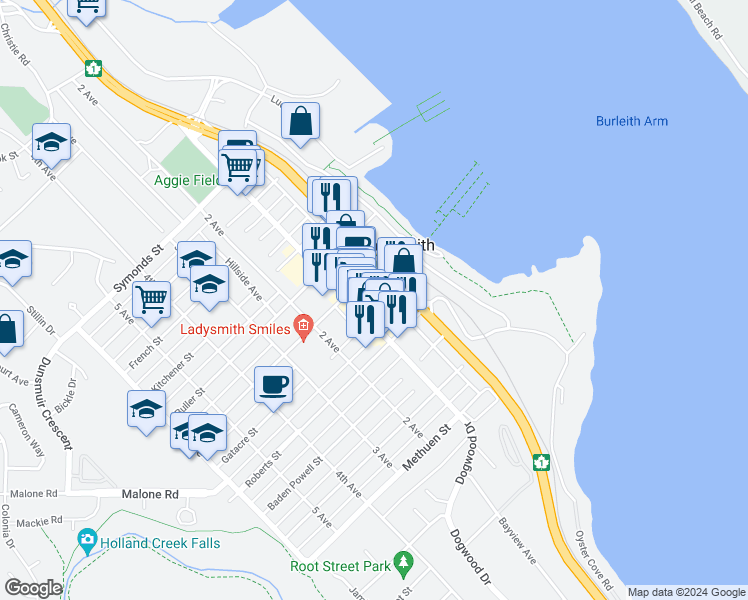 map of restaurants, bars, coffee shops, grocery stores, and more near 12 High Street in Ladysmith