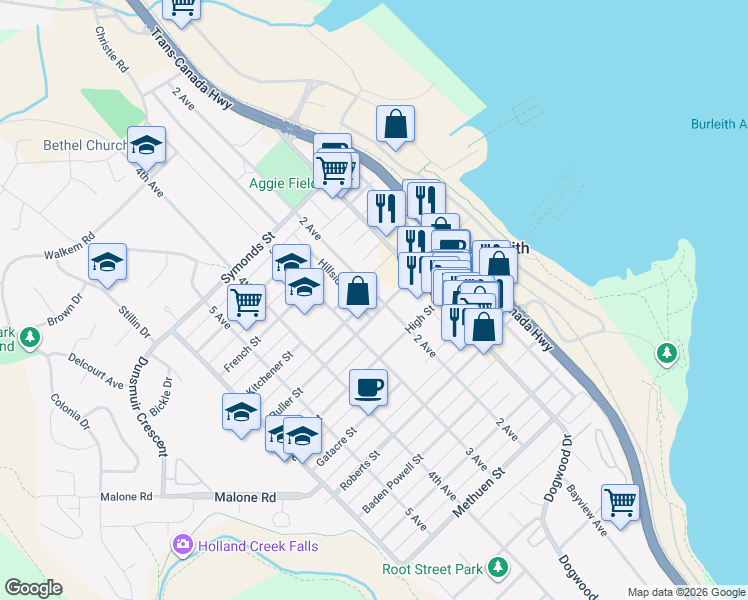 map of restaurants, bars, coffee shops, grocery stores, and more near 210 Buller Street in Ladysmith