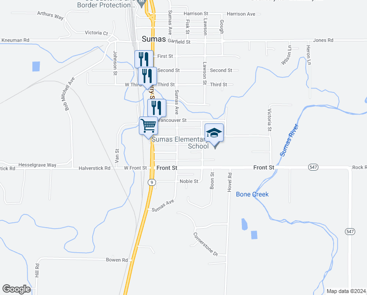 map of restaurants, bars, coffee shops, grocery stores, and more near 219 Mitchell Street in Sumas