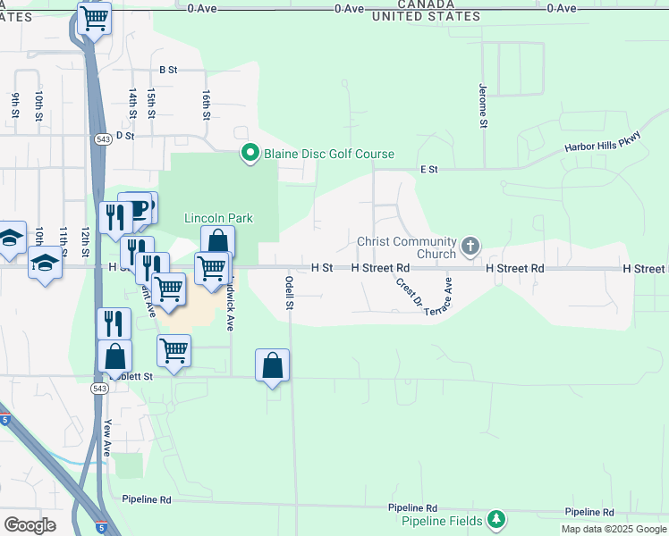 map of restaurants, bars, coffee shops, grocery stores, and more near 2995 H Street in Blaine