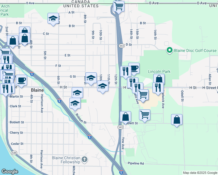 map of restaurants, bars, coffee shops, grocery stores, and more near 1055 H Street in Blaine